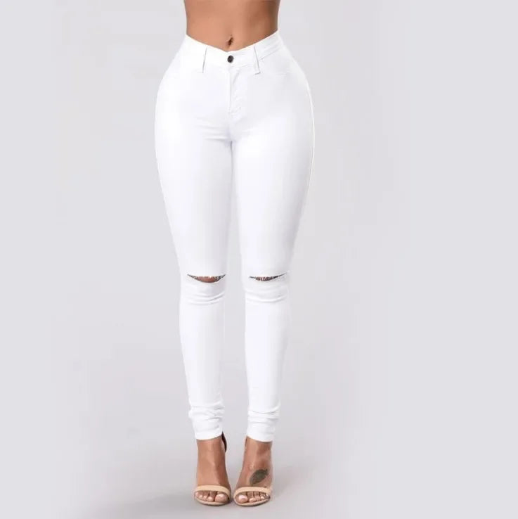 Europa e Estados Unidos Nova Calça Jeans Feminina Rasgada Slim-fit Com Pés Pequenos, Calça Lápis Elástica Nova Primavera E Outono