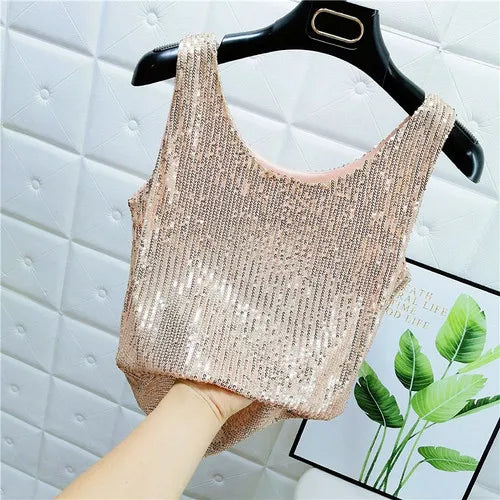 Sparkling Sequins Round Neck Vest Women's Outer Wear 2022 Summer New Bright Silk Fashion Glitter Bottoming Shirt Suspender Top