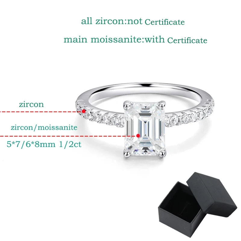 1-4CT Emerald/radiant Cut Moissanite Ring for Women Engagement Wedding Bride 100% Sterling Silver 925 Jewelry Certified