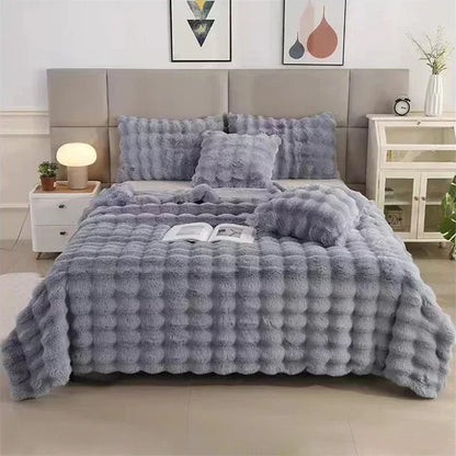 Cozy Rabbit Hair Bubble Velvet Blanket for Napping Soft Fuzzy Plush Bed Cover Sofa Throw Blanket All Season Warmth