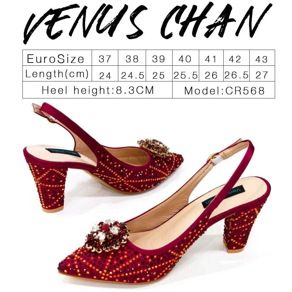INS Style Green Party Shoe and Bag Set in Women Pointed-Toe Rhinestone High Heels Elegant African Ladies Shoes