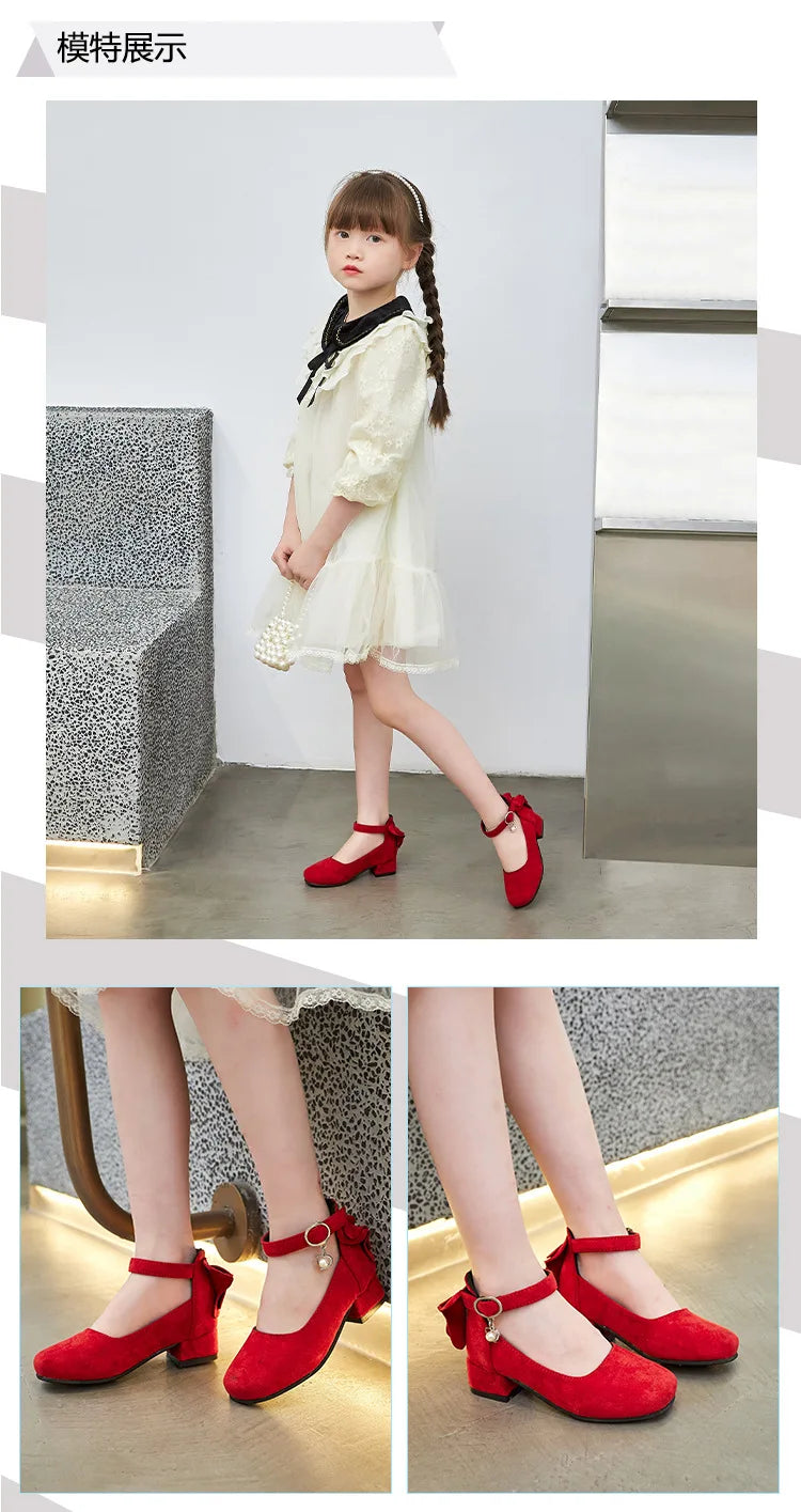 Little Girls Leather Shoes High Heel Baby Girls Party Shoes Bowknot Kid High Heel Shoes for 2023 Spring Princess Pink Shoes PU