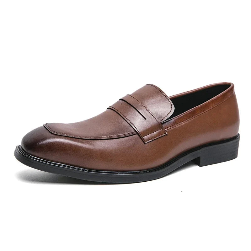 Men’s leather penny loafers pointed toe slip-on dress shoes business casual brown