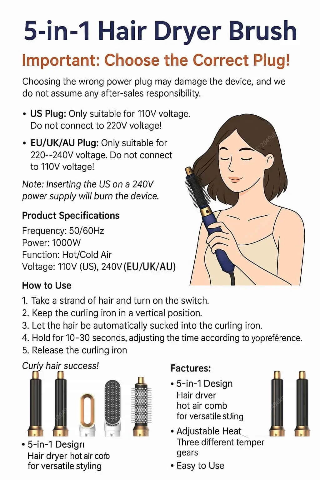 5 In 1 Professional Hair Dryer Hot Air Comb Brush With Curling Iron And Hair Straightener For Salon Quality Hair Styling