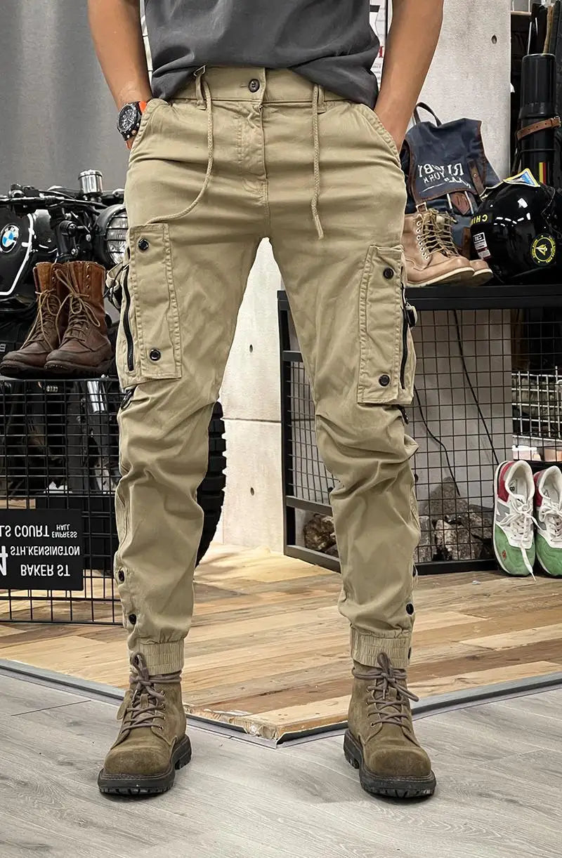 Fashionable men's slim fit work pants, casual loose zipper, multi pocket jogging pants, elastic leg binding pants