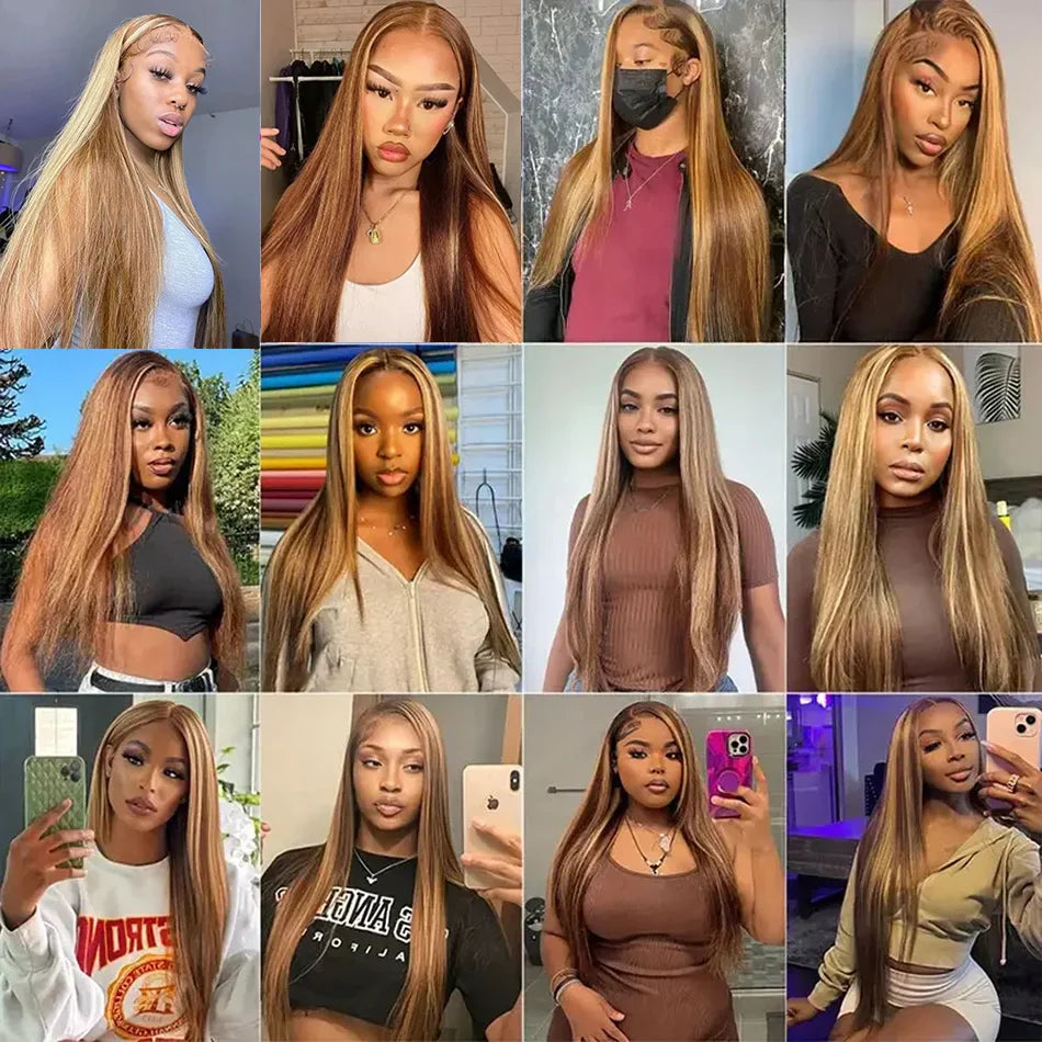 Highlight Straight Human Hair Wigs Brazilian Honey Brown Colored 13x4 Lace Front Wigs Preplucked 13X6 Lace Frontal Wigs