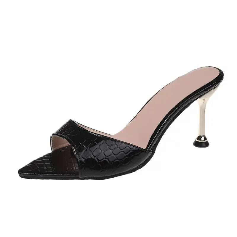 Glamorous Crocodile Texture High Heel Sandals - Chic Slip-On Stilettos with Pointy Peep Toe for Fashion-Forward Parties Banquets