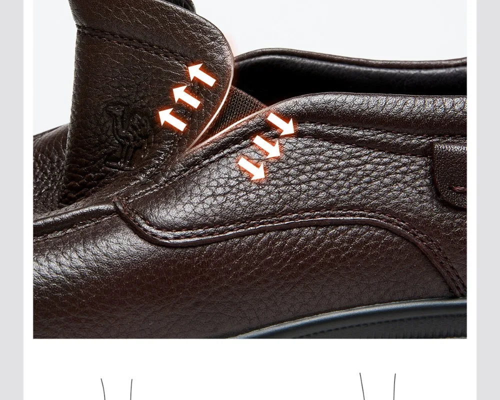Golden Camel Men's Shoes 2026 New Business Casual Soft Sole Leather Shoes Brand Design Soft Soles Non-slip Velvet Warm Loafers