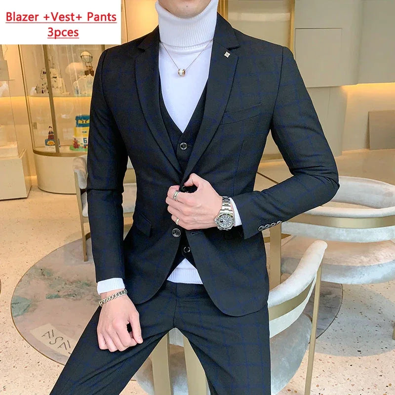 Blazer and Vest and Pants / Boutique Fashion Plaid Men's Casual Business Suit 3pcs Set Groom Wedding Dress Performance Costume