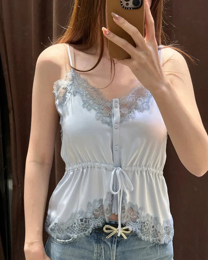 Women's Top 2026 New Spring Summer Lace Decoration Satin Textured Top for Women Chic Personality Female Spaghetti Strap Top
