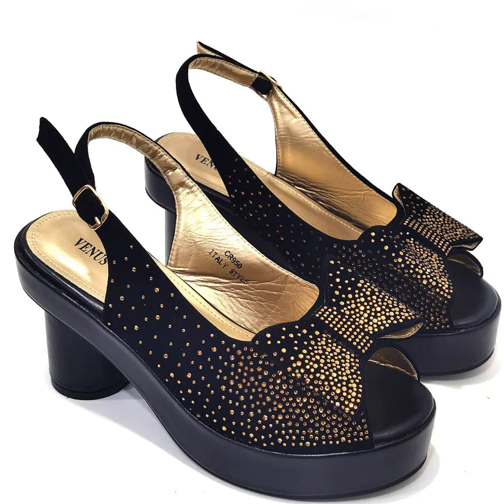 Silver Fashion Square Heels with Platform African Women Shoes and Bag Set Full Crystal Pumps for Wedding Party