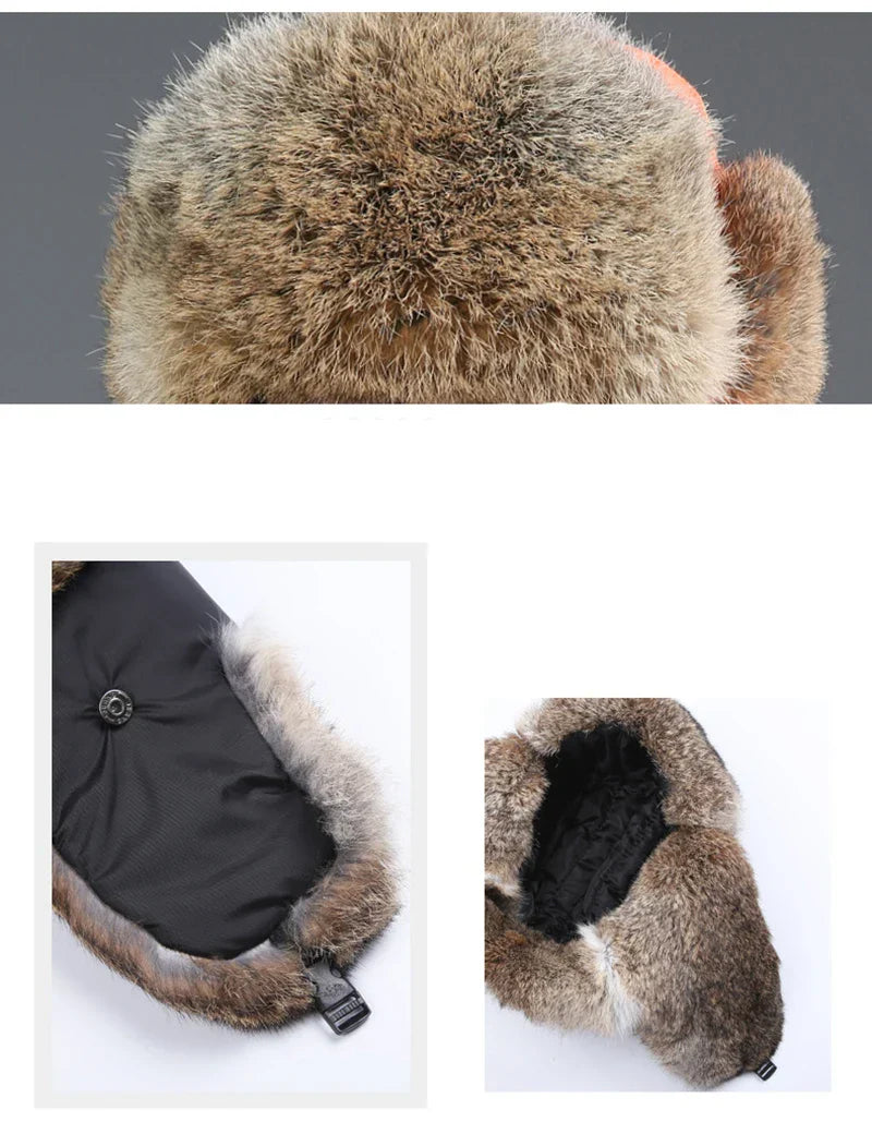 Russia Winter Real fur Hat Unisex Outdoor Windproof Super Warm Real Rabbit Fur Bomber Hats Natural Soft Natural Rabbit Fur Caps