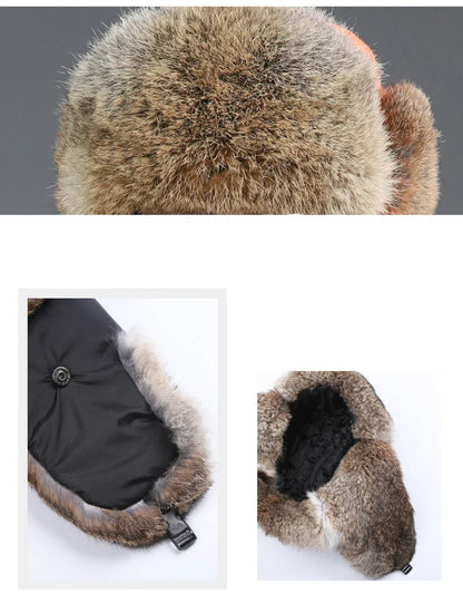 Russia Winter Real fur Hat Unisex Outdoor Windproof Super Warm Real Rabbit Fur Bomber Hats Natural Soft Natural Rabbit Fur Caps