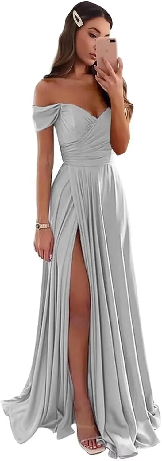 Women's Satin Prom Dresses Long Slit Formal Dresses Off Shoulder Evening Wedding Party Gowns Ruched Sweetheart Lace up Back