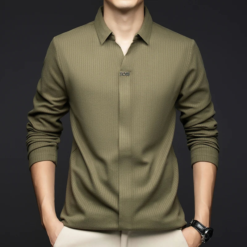 Men's Business Casual Solid Color Stretch V-neck POLO Shirt Daily Commute Striped Sweater for Fall 2024.