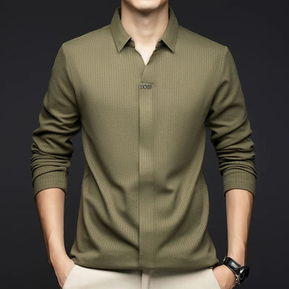 Men's Business Casual Solid Color Stretch V-neck POLO Shirt Daily Commute Striped Sweater for Fall 2024.