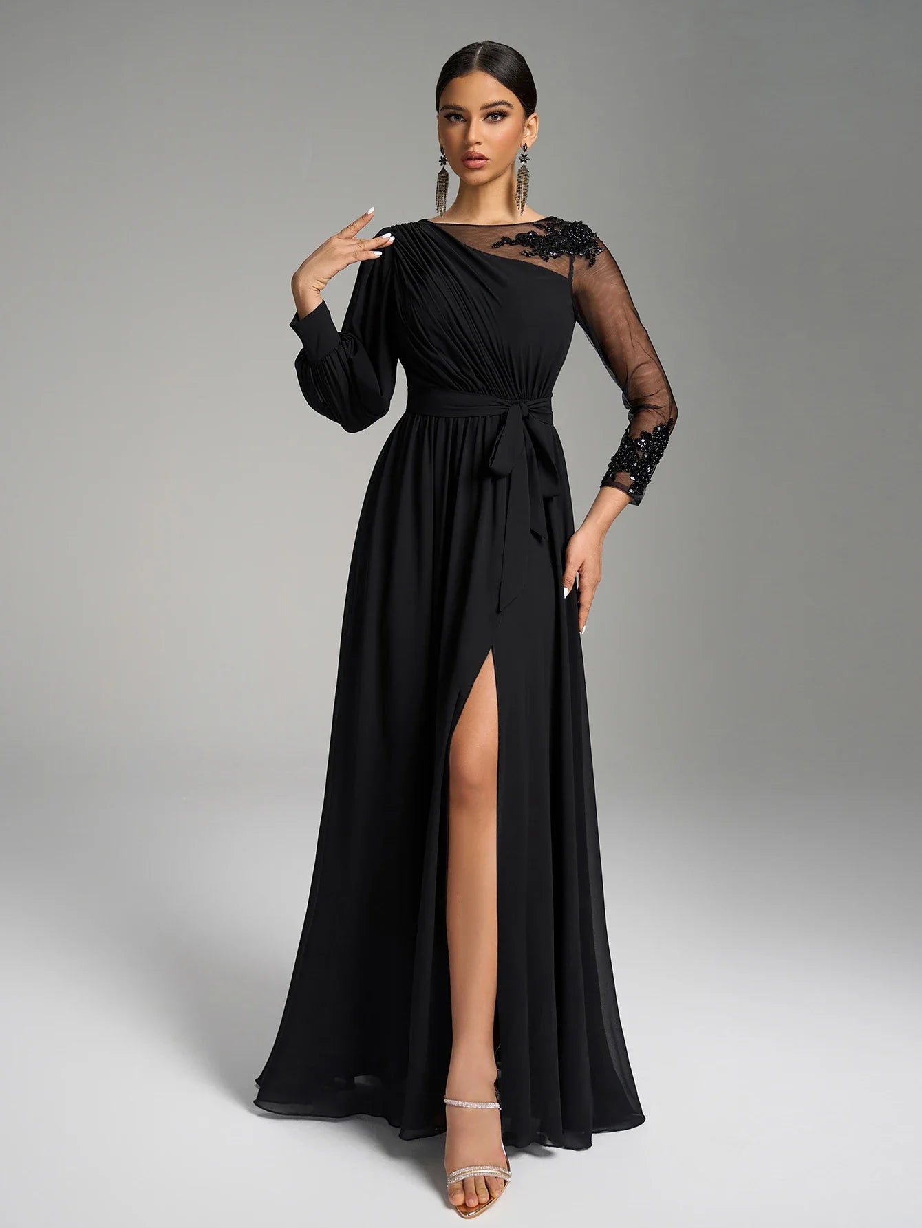 round Neck Asymmetrical Lantern Sleeve Luxury Bead Splicing Belted Waist Black Elegance Evening Dress Evening Gown