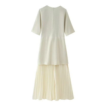 Women Elegant Half Sleeves O-Collar Pleated Dress Spring Woman Rear Zipper Splicing Vintage Casual Knitted Long Dress