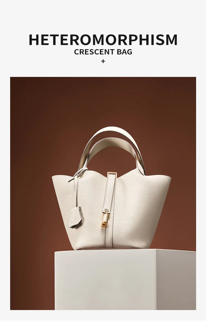 2025 Casual Fashion Female Genuine Leather Bucket Bag Luxury Handbag High-End Tote Bag Woman Cow Leather Mommy Bag & Metal Lock