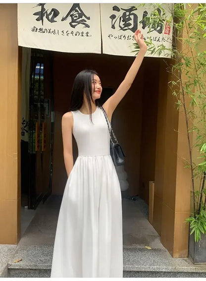 New Vintage Black Tank Top Midi Dress Wedding Dresses for Women Clothing O Neck Office Lady Casual Pockets Women's Clothing