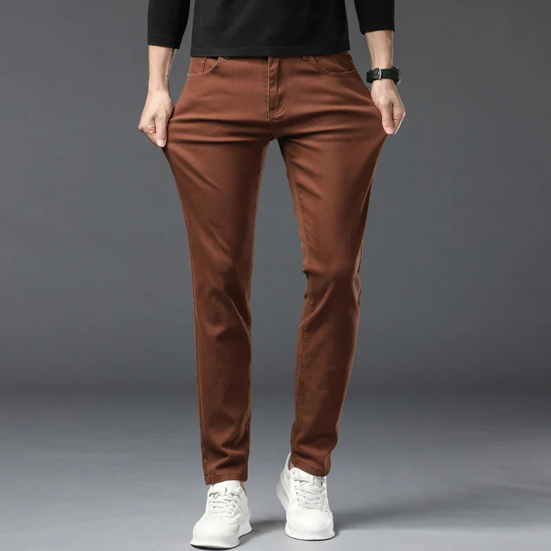 Straight Fashion Men's Jeans Solid Color Casual Business Stretch Washed Denim Trousers Breathable Streetwear Trendy Male Pants