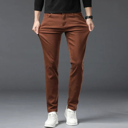 Straight Fashion Men's Jeans Solid Color Casual Business Stretch Washed Denim Trousers Breathable Streetwear Trendy Male Pants