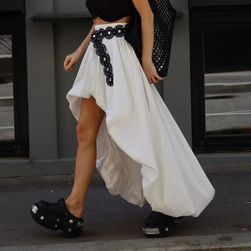 Fashion White Asymmetrical Long Skirts Female A-line Hem Vacation Skirt High Waist Casual Loose 2026 Summer Club Party Skirts