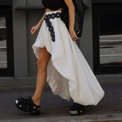 Fashion White Asymmetrical Long Skirts Female A-line Hem Vacation Skirt High Waist Casual Loose 2026 Summer Club Party Skirts