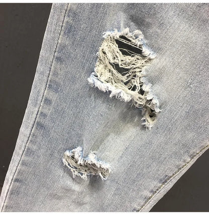 2023 Spring and Autumn New Men's Fashion Solid Color Ripped Jeans Men's Casual Comfort Elastic High-Quality Small Foot Pants