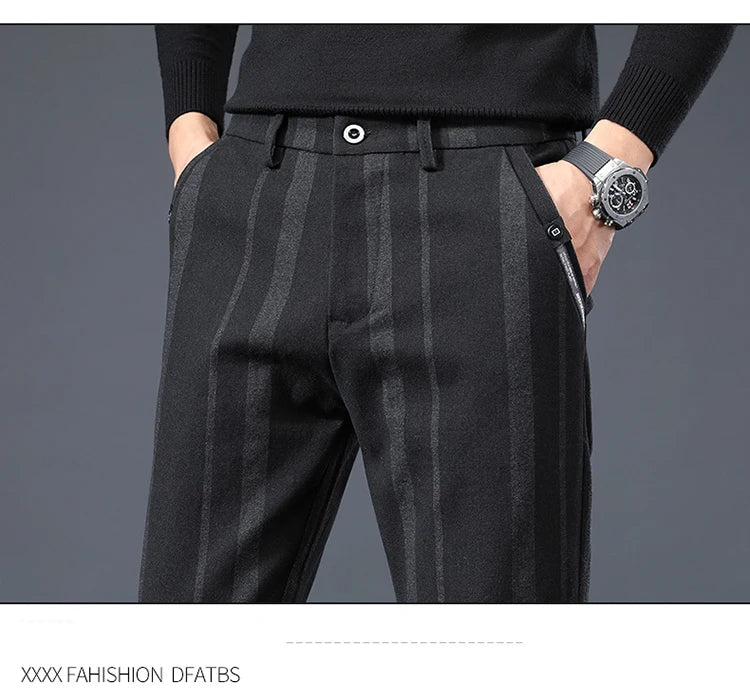 Autumn New Men's Slim Casual Pants  Fashionable Fit Elastic Business Pants High Quality Stripe Classic 3-colors Male Trousers