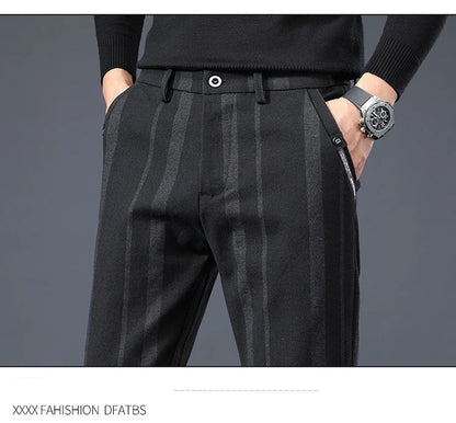 Autumn New Men's Slim Casual Pants  Fashionable Fit Elastic Business Pants High Quality Stripe Classic 3-colors Male Trousers