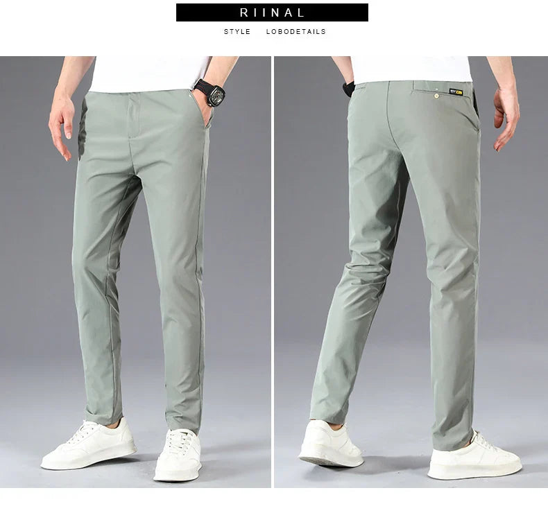 Business Thin Men's Breathable Pants Slim Straight High Elastic Slim Casual Pants Male Brand Clothing Khaki Gray Green Black