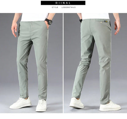 Business Thin Men's Breathable Pants Slim Straight High Elastic Slim Casual Pants Male Brand Clothing Khaki Gray Green Black