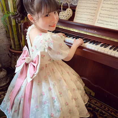 New Summer Princess Girls Dress Full Print Roses Flowers Pearl Inlay Decoration Puff Sleeve Bow Mesh Tutu Party Dresse For Kids