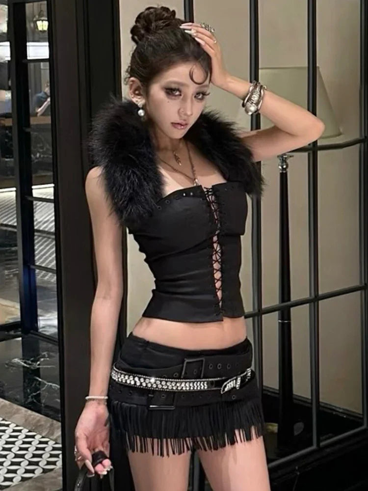 Furry Patchwork Sexy Tank Top Women Y2K Halter Backless Shirring Sleeveless Stretch Coquette Midnight Party Clubwear