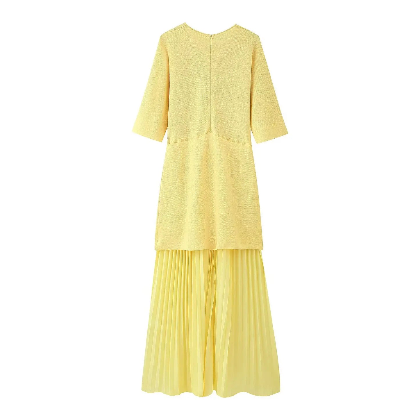 Women Elegant Half Sleeves O-Collar Pleated Dress Spring Woman Rear Zipper Splicing Vintage Casual Knitted Long Dress