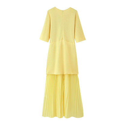 Women Elegant Half Sleeves O-Collar Pleated Dress Spring Woman Rear Zipper Splicing Vintage Casual Knitted Long Dress
