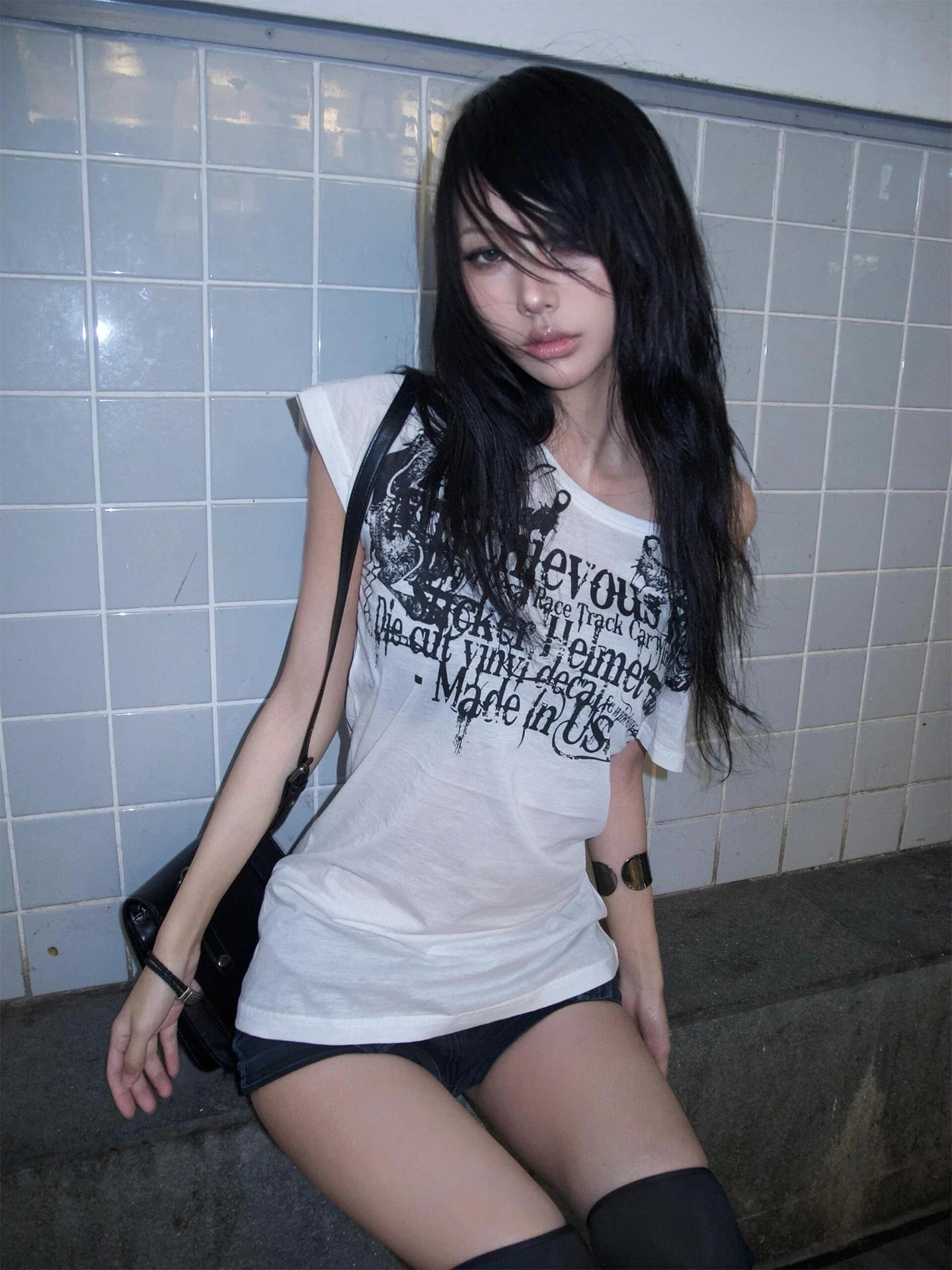 Japanese Y2k Letter Print T-shirt Trashy 2000s Style Tattoo T Shirt Vintage Harajuku Short Sleeve Sheer Tops Grunge Goth