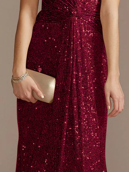 Luxury Red Floor Length V-Neck Evening Dresses Women Elegant Wedding Party Maxi Sequins Short Sleeves Prom Cocktail Gowns