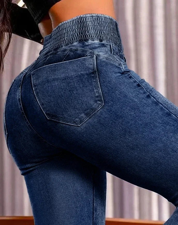 autumn winter  Elegant High Waist Button Front Casual Female Jeans Sexy  Fashion Back Shirred Trouser Bottom