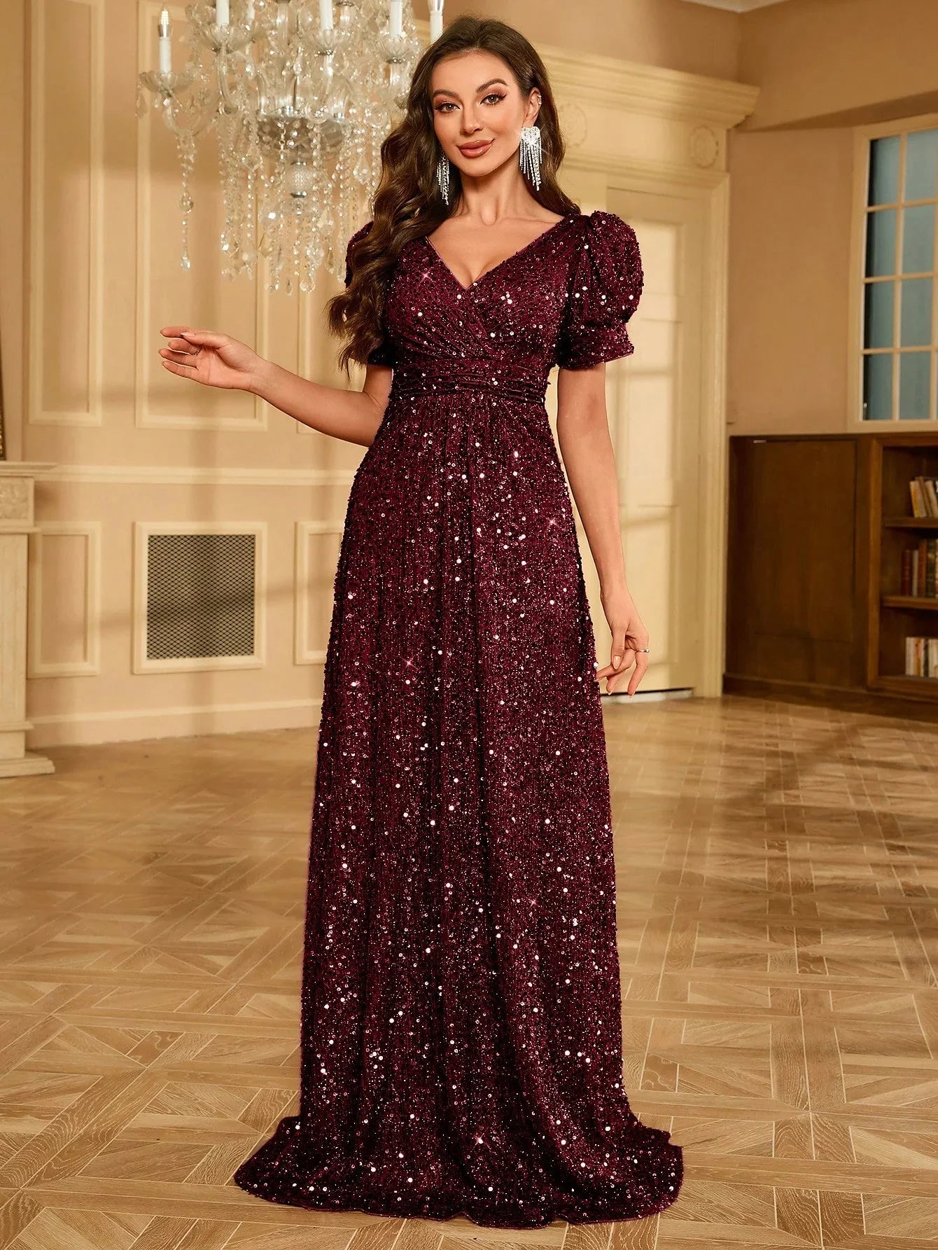 Glitter V-neck Short Sleeve Lantern Dress Evening Gown Shiny Sequins Women's Party Dress