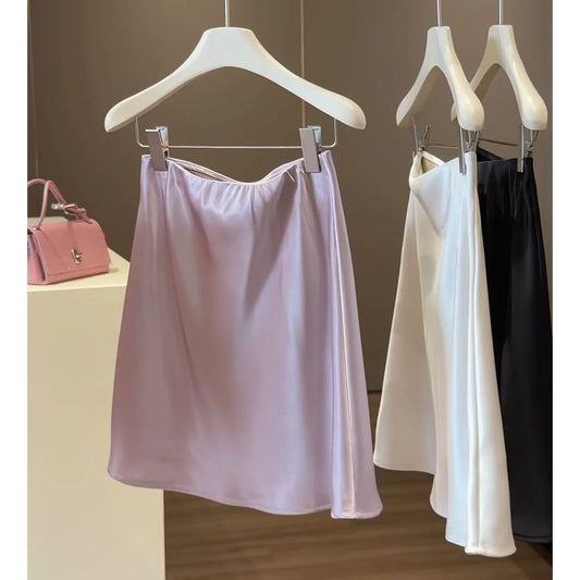 High-waisted Satin Skirts Women Summer 2026 French  Slim Simple A-line Skirt Female Elegant Korean Style Mini Skirt for Women