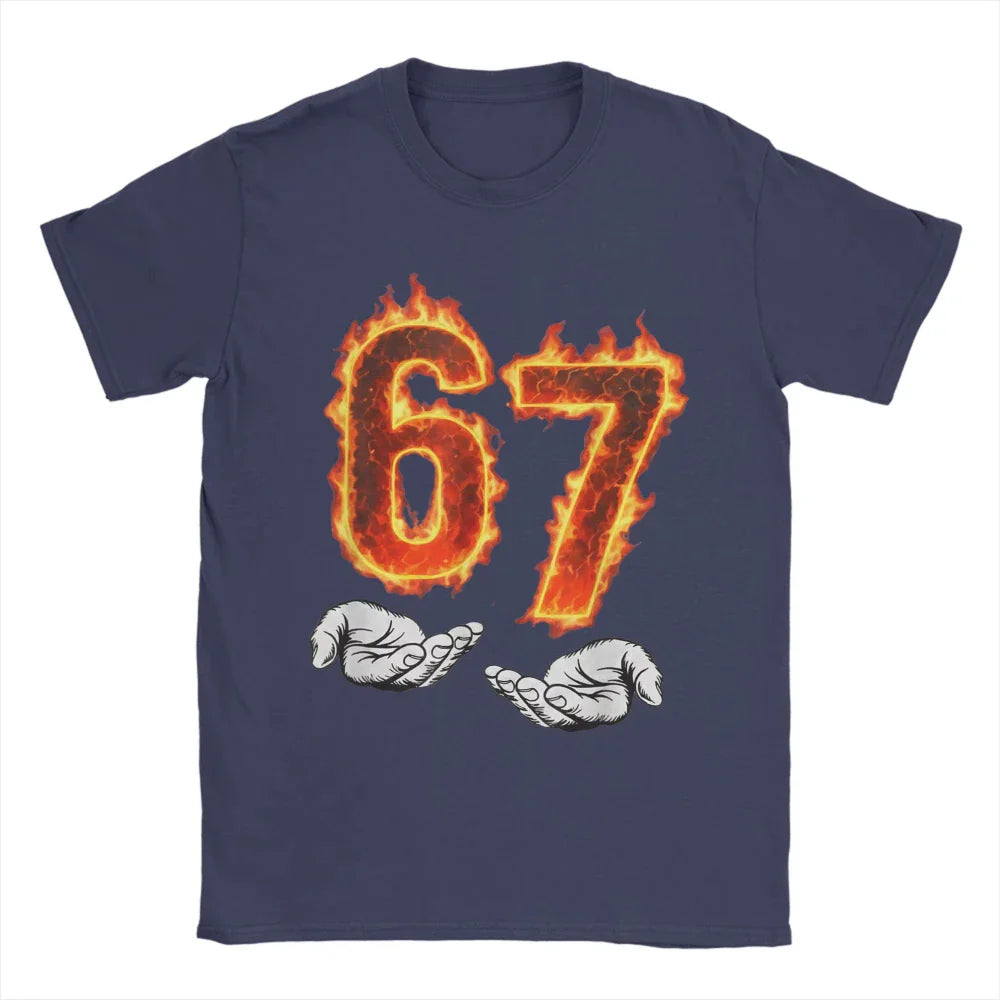6 7 Meme Six Seven 67 Hands Meme Fire Printed T-Shirt for Men Women Leisure Cotton Tees Round Neck Short Sleeve T Shirt 3XL Tops