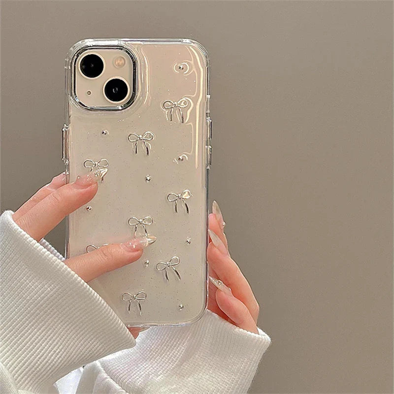 INS Korea Glitter 3D Silver Bow Beads Phone Case For iPhone 16 15 14 13 12 11 17 Pro Max 7 8 Plus X Epoxy Shell Girl Clear Cover