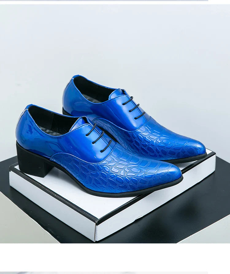 Luxury Wedding Dress Men High Heel Shoes Design Blue Man Patent Leather Shoes Party Men Pointed Toe Formal Shoes Zapatos Oxfords