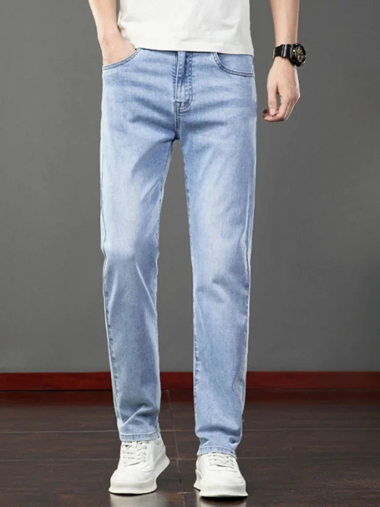 2026 Summer Men's Jeans Slim Fit Jeans Thin Stretch Straight Light Business Casual Denim Long Pants Male Classic Style Brand