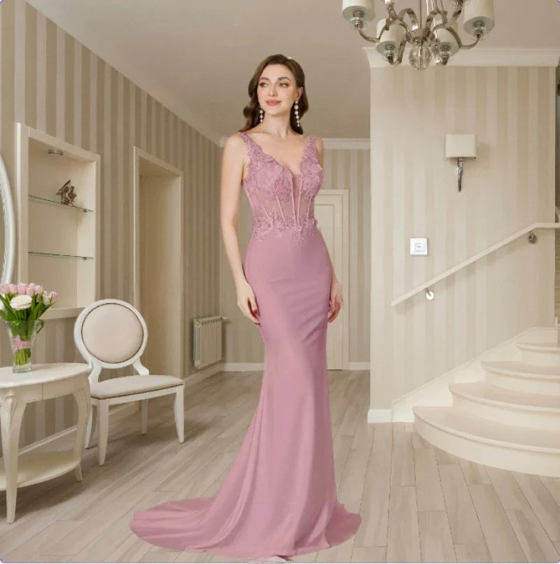 2025 Womens Mermaid Evening Dresses V-Neck Pearl Lace Appliques Straps Illusion Backless Prom Dress Train Wedding Bridal Vestido
