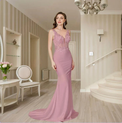 2025 Womens Mermaid Evening Dresses V-Neck Pearl Lace Appliques Straps Illusion Backless Prom Dress Train Wedding Bridal Vestido