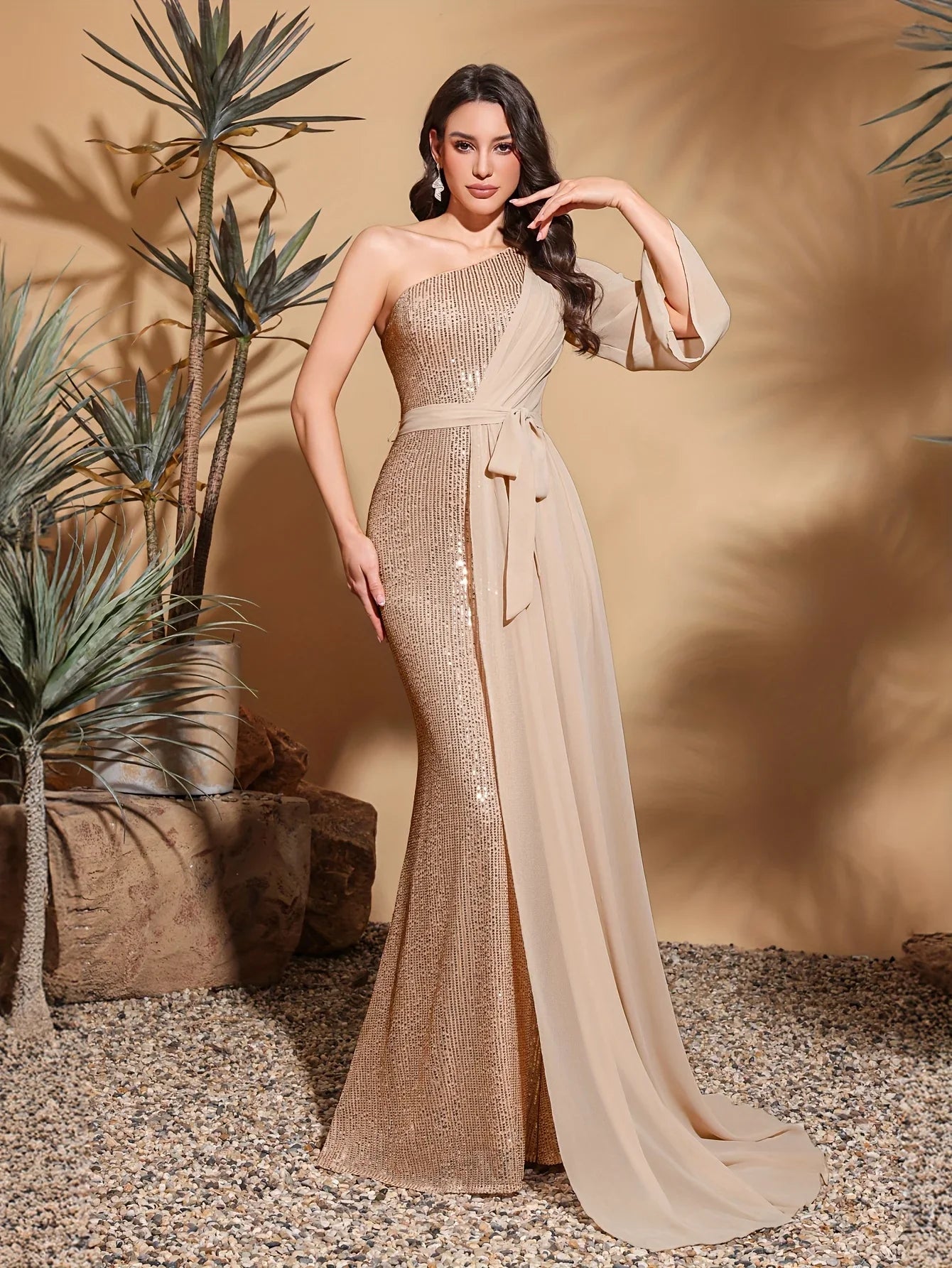 Sequined one-shoulder chiffon patchwork belt-decorated hip dress