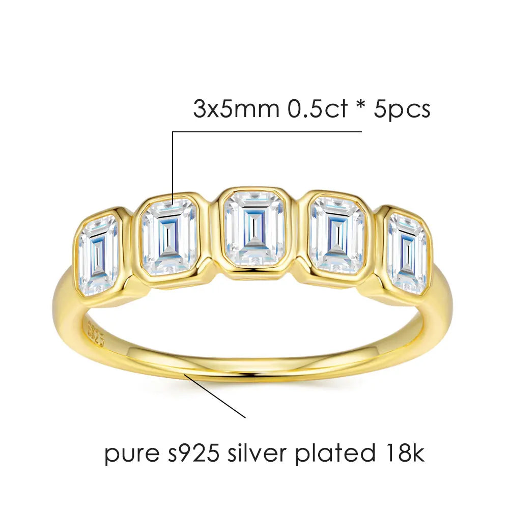 5-Stone Emerald Cut Moissanite Wedding Ring for Women 2.5ct D Color Lab-Grown Gemstone S925 Silver Plated 18K Gold Ring